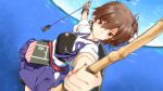  1girl arrow bow_(weapon) brown_eyes brown_hair kantai_collection muneate side_ponytail skirt solo water weapon yuto 
