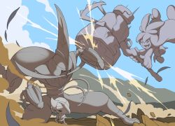  battle closed_eyes cowering debris dust eyelashes hammer hands_on_own_head hashtag-only_commentary holding holding_hammer kingambit long_hair monochrome open_mouth partially_colored pawniard pokemon pokemon_(creature) pokemon_focus smile tinkaton white_background wizter27 