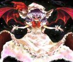  ast bat_wings bow brooch dress eyelashes frilled_skirt hat hat_bow jewelry night night_sky outstretched_arms purple_hair red_bow red_eyes red_wings remilia_scarlet sky spread_arms star_(sky) touhou white_dress wings wrist_cuffs 