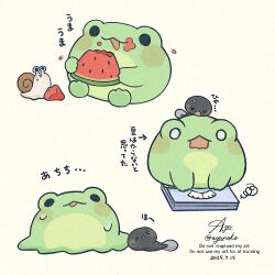  :3 :d animal animal_focus arrow_(symbol) ayu_(mog) blush_stickers commentary_request dated eating food frog fruit highres holding holding_food holding_fruit no_humans o_o open_mouth original signature simple_background smile snail solid_circle_eyes surprised sweat tadpole translation_request twitter_username watermark watermelon watermelon_slice weighing_scale weight_conscious white_background 