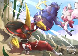  artist_name bamboo battle blue_sky closed_eyes commentary cowering day debris dust english_commentary eyelashes hammer hands_on_own_head holding holding_hammer kingambit leaf long_hair ooutdoors open_mouth outdoors pawniard pokemon pokemon_(creature) pokemon_focus sky smile tinkaton wizter27 