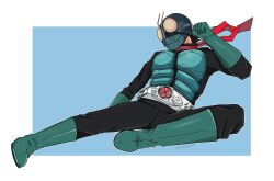 1boy antennae arm_up armor armored_bodysuit artist_name black_bodysuit black_hair blue_background bodysuit boots border breastplate bug clenched_hand commentary compound_eyes english_commentary flying_kick full_body gloves grasshopper green_armor green_boots green_gloves green_helmet helmet highres kamen_rider kamen_rider_1 kamen_rider_1_(shin) kicking leather_suit looking_ahead male_focus mask midair mixed-language_commentary orange_eyes outstretched_leg red_scarf rider_belt rider_kick scarf shin_kamen_rider short_hair solo tokusatsu twitter_username typhoon_(kamen_rider) waitochan white_border