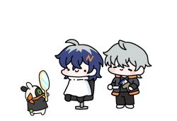  1boy 1girl animal_ears bandana bangboo_(zenless_zone_zero) belle_(zenless_zone_zero) black_pants black_shirt blue_hair blue_jacket blush_stickers brother_and_sister chair chibi closed_mouth eous_(zenless_zone_zero) full_body grey_hair hair_between_eyes hair_ornament happybemmy hashtag-only_commentary holding holding_brush holding_mirror jacket letter_hair_ornament mirror on_chair orange_bandana orange_scarf pants scarf shirt short_hair siblings simple_background sitting smile standing white_background wise_(zenless_zone_zero) zenless_zone_zero 