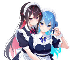  2girls absurdres alternate_costume apron aqua_hair asymmetrical_sidelocks azki_(hololive) black_hair blue_dress blue_hair blue_nails blue_ribbon braid brooch claw_pose closed_mouth collared_dress colored_inner_hair commentary contrast_collar double-parted_bangs dress frilled_apron frilled_dress frills hair_between_eyes hair_bun hair_intakes hair_ornament hair_ribbon hairclip half_up_braid hand_up highres hololive hoshimachi_suisei jewelry long_hair looking_at_viewer maid maid_headdress multicolored_hair multiple_girls nail_polish neck_ribbon official_alternate_hairstyle pink_hair pink_ribbon pink_streaks puffy_short_sleeves puffy_sleeves ribbon short_sleeves side_up_bun sidelocks simple_background single_side_bun smile streaked_hair telu_(teluscarlet) very_long_hair violet_eyes virtual_youtuber waist_apron white_apron white_background white_streaks 