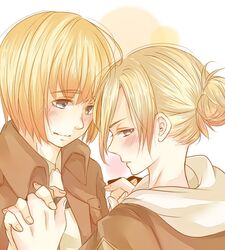  1boy 1girl annie_leonhardt armin_arlert blonde_hair blue_eyes blush corcom holding_hands hood jacket long_sleeves military military_uniform ponytail shingeki_no_kyojin short_hair uniform 