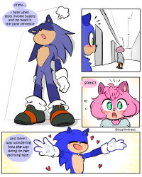  1boy 1girl against_wall alternate_universe amy_rose animal_nose black_shoes blue_fur blush catching_breath coat couple exhausted eyelashes flying_sweatdrops furry furry_female furry_male gloves green_eyes hallway happy heart heavy_breathing hedgehog_boy hedgehog_girl highres hospital_gown incoming_hug notice_lines open_mouth outstretched_arms pink_fur quaverdraws resting shoes short_hair short_tail smile sneakers socks sonic_(series) sonic_the_hedgehog tail white_coat white_gloves white_socks 