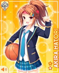  1girl :d ball basketball_(object) beckoning blue_necktie blue_skirt brown_eyes brown_hair card_(medium) character_name girlfriend_(kari) hair_ornament hairclip hatori_akira headband holding holding_ball jacket looking_at_viewer miniskirt necktie official_art open_clothes open_jacket plaid_clothes plaid_skirt pleated_skirt ponytail qp:flapper red_headband school_uniform shirt shirttail skirt smile solo thighs white_shirt yellow_background 