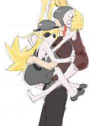  0_0 1boy 3girls absurdres araragi_koyomi armpit_cutout bare_arms bare_legs barefoot biting biting_head black_dress black_hat black_pants black_shoes bleeding blonde_hair blood blunt_bangs bowler_hat bracelet brown_dress brown_shirt clothing_cutout commentary_request dress expressionless flipped_hair hair_flaps hair_over_eyes hand_on_another's_hip hat head_out_of_frame highres hug hug_carry hug_from_behind jewelry kizumonogatari knees_up loafers long_hair monogatari_(series) multiple_girls multiple_persona mutual_hug oshino_shinobu outstretched_legs pants pointy_ears shirt shishirui_san shoes short_hair sitting_on_shoulder straight_hair sunglasses time_paradox very_long_hair 