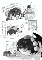  >_< 2girls blush bow commentary_request cupcake feathered_wings food frilled_hair_tubes frills greyscale hair_bow hair_tubes hakurei_reimu hat highres kimeemaru kmbko055 monochrome multiple_girls open_mouth pom_pom_(clothes) shameimaru_aya short_hair tokin_hat touhou translation_request wings yukkuri_shiteitte_ne 