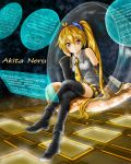  1girl akita_neru blonde_hair colored detached_sleeves long_hair looking_at_viewer necktie routo_(rapi) side_ponytail smile solo thigh-highs very_long_hair vocaloid yellow_eyes 