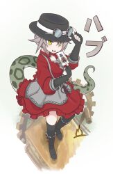  1girl adjusting_eyewear alternate_costume apron black_boots black_gloves black_hat black_thighhighs boots card collared_dress commentary dress elbow_gloves fingerless_gloves forked_tongue frilled_dress frills gears gloves goggles goggles_on_headwear grey_apron grey_hair hair_between_eyes hat highres industrial_pipe jack-o'-lantern_(kemono_friends) kemono_friends necktie official_alternate_costume okinawa_habu_(kemono_friends) onefiresticks playing_card puffy_sleeves red_dress short_hair sidelocks slit_pupils snake_girl snake_print snake_tail steampunk symbol-only_commentary tail thigh-highs tongue white_necktie yellow_eyes 