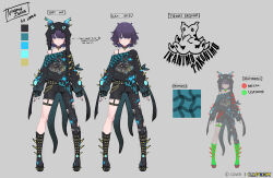  1girl asymmetrical_clothes belt black_belt black_boots black_hat black_pants black_sweater blue_eyes blunt_bangs boots character_hat commentary copyright_name denim english_commentary full_body garter_straps gradient_hair grey_background hat hololive hololive_english jeans jewelry long_sleeves mole mole_under_eye monster_hunter_(series) monster_hunter_wilds multicolored_hair necklace ninomae_ina'nis ninomae_ina'nis_(artist) ninomae_ina'nis_(nu_udra) notes official_alternate_costume official_alternate_hairstyle official_art orange_hair paint_on_clothes paint_splatter pants pendant_choker platform_boots pointing_out_the_details pointy_ears puffy_long_sleeves puffy_sleeves purple_hair reference_sheet short_hair simple_background single_garter_strap single_off_shoulder single_pantsleg sleeves_past_wrists spiked_boots sweater sweater_partially_tucked_in tentacle_hair thigh_strap torn_clothes torn_pants virtual_youtuber wallet_chain wavy_hair 