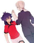  2boys adult afuro_terumi dutch_angle formal inazuma_eleven_(series) inazuma_eleven_go kidokawa_seishuu kishibe_taiga long_hair male multiple_boys open_mouth ponytail purple_hair simple_background soccer_uniform suit toshimasa_(serialism) white_background 