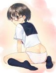  1girl ass black_eyes black_hair black_legwear butt_crack glasses highres no_pants original panties school_uniform serafuku short_hair sitting socks solo underwear wariza yuuki_keisuke 