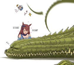  1boy 2girls absolute_batman absolute_dc animal_ears bag batman_(series) blue_dress blue_scarf blue_shirt blush bow braid breasts brown_hair closed_eyes commentary crocodilian dc_comics dress ear_bow ear_covers english_commentary hair_between_eyes headband heart highres horse_ears horse_girl johnholl0w killer_croc long_hair lullaby multicolored_hair multiple_girls open_mouth red_headband scarf sharp_teeth shirt shoulder_bag smile streaked_hair super_creek_(murmuring_stream)_(umamusume) super_creek_(umamusume) tail tamamo_cross_(umamusume) teeth umamusume very_long_hair white_hair 