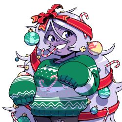  1girl alternate_costume amethyst_(steven_universe) bow breasts candy candy_cane chest_jewel christmas christmas_ornaments colored_skin discount-supervillain food gem gem_(steven_universe) grin hair_bow hair_ornament hair_ribbon lips long_hair messy_hair plump popcorn purple_gem purple_hair purple_skin red_ribbon ribbon smile solo steven_universe sweater thick_lips 