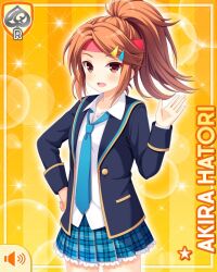  1girl :d blue_necktie blue_skirt brown_eyes brown_hair card_(medium) character_name girlfriend_(kari) hair_ornament hairclip hand_on_own_hip hatori_akira headband jacket looking_at_viewer miniskirt necktie official_art open_clothes open_jacket plaid_clothes plaid_skirt pleated_skirt ponytail qp:flapper red_headband school_uniform shirt shirttail skirt smile solo thighs waving white_shirt yellow_background 