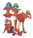  4girls akebi_(pokemon) bara_(pokemon) bent_over blue_hair boots correa_(pokemon) green_hair head_mounted_display highres lipstick makeup momiji_(pokemon) multiple_girls necktie official_art oomura_yuusuke pokemon pokemon_(game) pokemon_xy purple_hair short_hair sitting team_flare thigh-highs uniform 