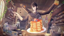  2boys absurdres aiko_(shadow_slave) apron black_apron black_shirt bottle bowl brick_wall butter chopsticks collared_shirt dual_persona dutch_angle egg_(food) extra_arms food frying_pan grin hair_bun highres holding holding_plate holding_spatula honey indoors jar kitchen looking_at_viewer male_focus milk multiple_boys pancake pancake_stack plant plate rinshiq shadow_slave shirt sleeves_rolled_up smile spatula sunny_(shadow_slave) upper_body vines wall_lamp 