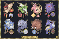  badge badge_(pokemon) black_background character_charm charm_(object) clefairy commentary_request english_text fog_badge gengar glacier_badge gold_border hive_badge kanna_(kan419_k) kingdra miltank mineral_badge pidgeotto piloswine plain_badge poke_ball_symbol pokemon pokemon_(creature) pokemon_gsc poliwrath rising_badge scyther steelix storm_badge zephyr_badge 