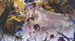  1girl arm_up bare_shoulders blue_flower blue_rose commentary_request cowboy_shot crescent dress drill_hair flower forest frilled_dress frills gem grey_dress grey_hair hair_between_eyes hand_on_own_chest highres long_hair nature original outdoors parted_lips red_eyes red_flower red_gem red_rose rose sidelocks tree veil very_long_hair wiersa 