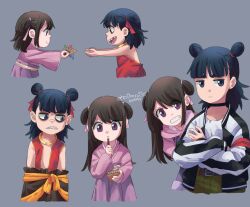  3boys 3girls aged_down aged_up ariamikukanzaki black_choker black_eyes black_hair black_jacket brown_hair child chinese_clothes choker clenched_teeth commentary crossed_arms crossover double_bun dual_persona english_commentary hair_bun hair_ribbon hanfu holding holding_notepad holding_pencil jacket jianzi_girl_(nezha_zhi_motong_jiangshi) luo_xiaohei_zhanji multiple_boys multiple_girls name_connection nezha_(nezha_zhi_motong_jiangshi) nezha_(the_legend_of_luoxiaohei) nezha_zhi_motong_jiangshi notepad pencil ribbon sharp_teeth signature teeth the_legend_of_hei thick_eyebrows thinking two_side_up violet_eyes 
