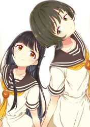  2girls back-to-back black_hair blunt_bangs brown_eyes brown_sailor_collar brown_serafuku closed_mouth collarbone commentary_request dress from_side gondou_asami green_eyes green_hair highres holding_hands long_hair looking_at_another make_heroine_ga_oo_sugiru! momozono_junior_high_school_uniform mono9ron multiple_girls neckerchief nukumizu_kaju sailor_collar sailor_dress school_uniform serafuku short_hair short_sleeves simple_background very_long_hair white_background white_dress yellow_neckerchief yuri 