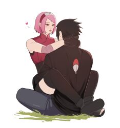  1boy 1girl artist_name back black_boots black_gloves black_hair black_shirt black_shorts black_thighhighs bob_cut boots closed_mouth commentary couple crossed_ankles elbow_sleeve from_behind full_body gloves green_eyes grey_pants hands_on_another's_neck haruno_sakura hashtag-only_commentary headband heart hetero highres indian_style konohagakure_symbol light_smile long_sleeves looking_at_another mandarin_collar naruto_(series) on_grass open-toe_boots pants pink_hair red_headband red_shirt shirt shorts sitting sitting_on_person sleeveless sleeveless_shirt spiky_hair spoken_heart swept_bangs symbol-only_commentary tenartistt thigh-highs uchiha_sasuke uchiha_symbol 