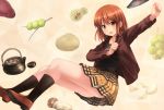  1girl akatsuki_miho black_legwear blush chestnut fish food jacket kouno_hikaru loafers long_sleeves looking_at_viewer mushroom orange_hair original plaid plaid_skirt pot shoes short_hair skirt smile solo 