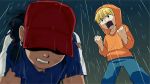  1boy 1girl abigail_lincoln blonde_hair braid clenched_hands clenched_teeth codename:_kids_next_door dark_skin earrings green_eyes hat hat_over_eyes hoodie jewelry looking_at_another rain standing t_k_g torn_clothes wallabee_beetles wet 