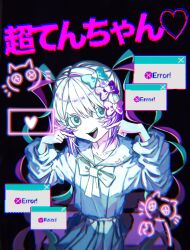  :d blonde_hair blue_eyes blue_hair blue_serafuku bow chest_bow chouzetsusaikawa_tenshi-chan colored_tips cowboy_shot error_message hair_bow hand_on_own_face highres looking_at_viewer multicolored_hair multiple_hair_bows needy_girl_overdose pien_cat_(needy_girl_overdose) pink_hair pointing pointing_at_self quad_tails school_uniform serafuku shurehakuso2434 smile translation_request window_(computing) 