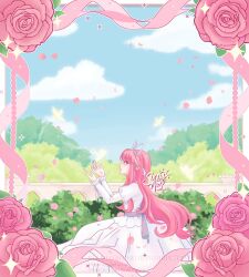  1girl absurdres artist_name back_bow blue_sky bow brown_eyes bush clouds commentary dress english_commentary expressionless feet_out_of_frame flower frilled_dress frilled_sleeves frills from_side gown grey_bow hair_ribbon highres infinity_nikki juliet_sleeves lipstick long_dress long_hair long_sidelocks long_sleeves makeup motion_lines nikki_(nikki) nikki_(series) object_floating_above_hand origami paper_crane parted_lips petals pink_flower pink_hair pink_rose pleated_dress pointy_nose puffy_sleeves red_lips ribbon rose sidelocks sky sleeve_ribbon solo standing sunnymaes very_long_hair watermark wavy_hair white_dress white_ribbon 