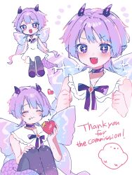  +_+ 1girl apple bare_shoulders blush bow butterfly_wings clenched_hands closed_mouth commentary commission dragon_ears dragon_girl dragon_horns dragon_tail dragon_wings dress eating english_commentary fairy fairy_wings fang fins flat_chest food food_on_face fruit happy head_fins highres hiro_0607 holding holding_food horns insect_wings laffy_(oc) looking_at_viewer multiple_views non-web_source open_mouth original petite purple_hair purple_ribbon purple_thighhighs ribbon short_hair short_sleeves simple_background sitting smile sparkling_eyes tail thigh-highs violet_eyes white_dress wings 