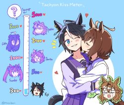  !? 6+girls :o ;d ? ^_^ agnes_tachyon_(umamusume) ahoge animal_ears black_hair blue_background bow bowtie brown_hair closed_eyes closed_mouth commentary daiwa_scarlet_(umamusume) dantsu_flame_(umamusume) ear_ornament earrings fuji_kiseki_(umamusume) gloom_(expression) grin hair_between_eyes highres horse_ears horse_girl horse_tail hug huge_ahoge jewelry jungle_pocket_(umamusume) kiss kiss_meter_(meme) kissing_cheek korean_commentary korean_text lab_coat long_bangs long_sleeves manhattan_cafe_(umamusume) mazu1kan medium_hair meme multicolored_hair multiple_girls one_eye_closed open_mouth pleated_skirt purple_shirt purple_skirt red_eyes school_uniform shirt single_earring skirt sleeves_past_fingers sleeves_past_wrists smile streaked_hair tail test_tube tracen_school_uniform translation_request twintails twitter_username umamusume white_bow white_bowtie white_hair 