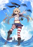  1girl airplane anchor black_panties blonde_hair elbow_gloves gloves hairband kantai_collection long_hair looking_at_viewer navel ocean open_mouth panties raijuu_(bakanara) sailor_collar shimakaze_(kantai_collection) ship skirt striped striped_legwear thighhighs underwear white_gloves 