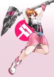  1girl absurdres blossomsa blue_eyes breasts fingerless_gloves gloves gradient gradient_background hammer highres nora_valkyrie open_mouth orange_hair rwby smile solo 