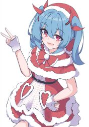  1girl absurdres blue_hair colphne_(girls'_frontline_2) commentary dress english_commentary girls'_frontline_2:_exilium girls_frontline hair_between_eyes hat highres looking_at_viewer open_mouth red_eyes red_ribbon ribbon risu_(risu028) santa_costume santa_dress santa_hat short_hair simple_background v 