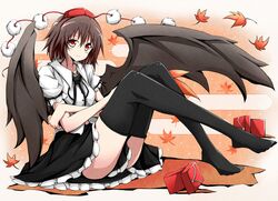  1girl black_hair black_legwear black_wings geta hat karamoneeze leaf looking_at_viewer maple_leaf pom_pom_(clothes) red_eyes shameimaru_aya shoes_removed short_hair skirt solo tengu-geta thighhighs tokin_hat touhou wings 