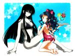  2girls :o arm_support ass bikini black_eyes black_hair blueness_(michikusakan) bow breasts cleavage daughter_of_kyoukotsu drink feet flower hagoromo_gitsune hair_bow kneeling long_hair multiple_girls navel nurarihyon_no_mago one-piece_swimsuit pale_skin sitting star swimsuit tray 