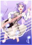  1girl :d barefoot biwa_lute dress hair_ornament highres instrument long_hair lute_(instrument) musical_note niwatazumi open_mouth purple_hair sketch smile solo touhou tsukumo_benben violet_eyes 