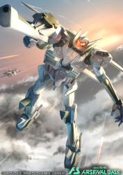  absurdres card_(medium) copyright_name flying gun gundam gundam_00 gundam_arsenal_base highres holding holding_weapon mecha mobile_suit no_humans official_art robot sky sunset takuan_(a_mood_home) union_flag weapon 