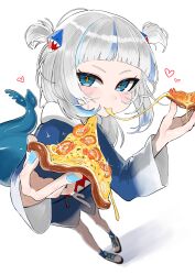  1girl absurdres blue_eyes blue_hoodie blue_streaks cheese cheese_trail closed_mouth commentary food gawr_gura gawr_gura_(1st_costume) grey_hair hair_ornament heart highres holding holding_food holding_pizza hololive hololive_english hood hoodie looking_at_viewer medium_hair pizza shark_hair_ornament shoes smile solo symbol-only_commentary two_side_up virtual_youtuber white_shoes yuuppi 