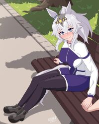  1girl absurdres ahoge animal_ears blue_eyes blush breasts closed_mouth commentary ear_ornament ear_ribbon english_commentary grey_hair grey_tail gym_shirt gym_shorts hair_between_eyes hair_ornament hairband highres holding holding_hands horse_ears horse_girl horse_tail jacket julian_belkan kasamatsu_tracen_training_uniform long_hair long_sleeves looking_at_viewer multicolored_hair multicolored_jacket oguri_cap_(umamusume) pants purple_jacket purple_pants purple_track_suit race_bib shirt shorts smile solo tail track_jacket track_pants track_suit two-tone_jacket umamusume umamusume:_cinderella_gray 