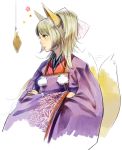  1girl aburaage animal_ears blonde_hair bow crossed_arms food fox_ears fox_tail hair_bow highres hook japanese_clothes kimono long_hair multiple_tails original portrait profile red_eyes simple_background solo sparrowswallow tail white_background 