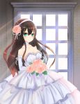  1girl aqua_eyes bare_shoulders bouquet breasts bridal_veil brown_hair cleavage dress elbow_gloves flower gloves hair_flower hair_ornament hairband idolmaster idolmaster_cinderella_girls long_hair samma515 shibuya_rin smile solo veil wedding_dress window 