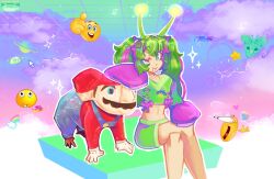  1other alien antennae computer_mouse crop_top emoji green_eyes green_hair green_shorts happy heart koala long_sleeves mario multicolored_hair original polygon_donut purple_clouds rainbow saturn_(planet) second-party_source short_shorts shorts sitting thumbs_up_emoji tv_hair_ornament twila_brinkk twintails two-tone_hair ufo vaporwave 