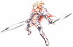  amber_eyes armor blonde_hair breasts cape romikawa simple_background sword tagme weapon 