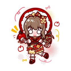  1girl ankle_socks apple apple_slice black_bow bonnet bow bowtie brown_hair bubble_skirt chibi chinese_commentary commentary_request dress food food-themed_clothes food-themed_hair_ornament footwear_bow frilled_dress frilled_headwear frilled_socks frilled_wrist_cuffs frills fruit hair_bow hair_ornament halftone happy holding holding_food holding_fruit infinity_nikki lace-trimmed_sleeves lace_trim long_hair looking_at_viewer low_twintails luoqianchen57923 mary_janes medium_dress multiple_hair_bows nikki_(series) o_o open_mouth outline pinafore_dress pink_outline puffy_short_sleeves puffy_sleeves red_bonnet red_bow red_bowtie red_dress red_shoes ribbon-trimmed_sleeves ribbon_trim shirt shoes short_sleeves sidelocks skirt sleeveless sleeveless_dress smile socks solo standing striped_bow sweet_memories_(infinity_nikki) twintails two-tone_dress wavy_hair white_background white_bow white_shirt white_socks white_wrist_cuffs wrist_bow wrist_cuffs yellow_dress 