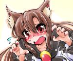  1girl animal_ears blush brooch brown_hair bust collar fang flying_sweatdrops imaizumi_kagerou jewelry long_sleeves open_mouth red_eyes red_nails shinapuu shirt skirt solo sweat touhou wide_sleeves wolf_ears 