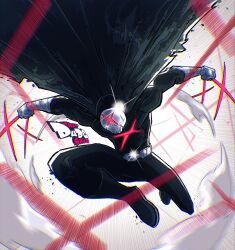  1boy belt black_bodysuit black_cape bodysuit cape colored_sclera commentary costume dc_comics english_commentary highres mask red_x_(teen_titans) spiked teen_titans thatdudesaur torn_cape torn_clothes utility_belt villain_pose 